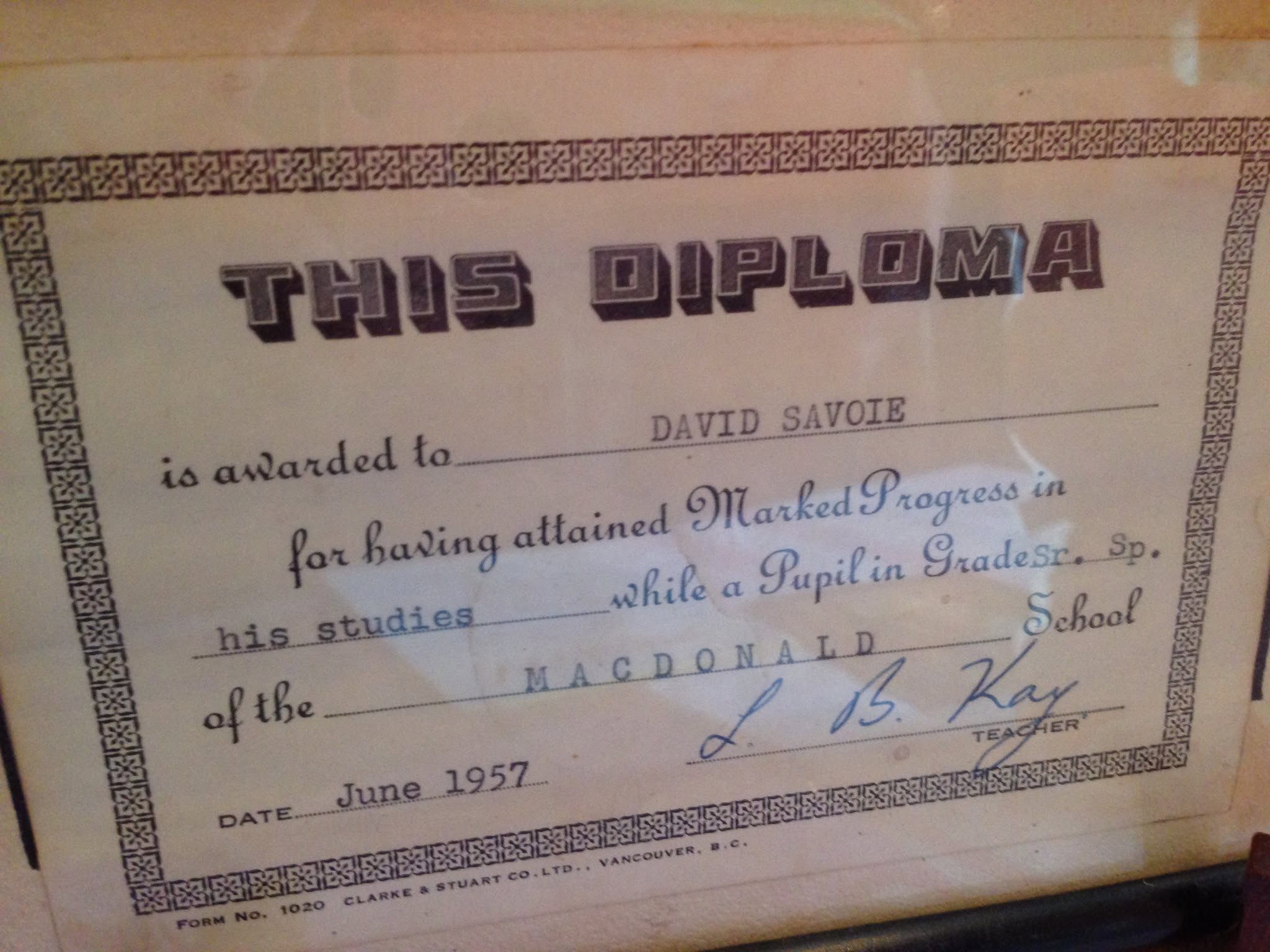 David Savoie's Macdonald School diploma dated June 1957